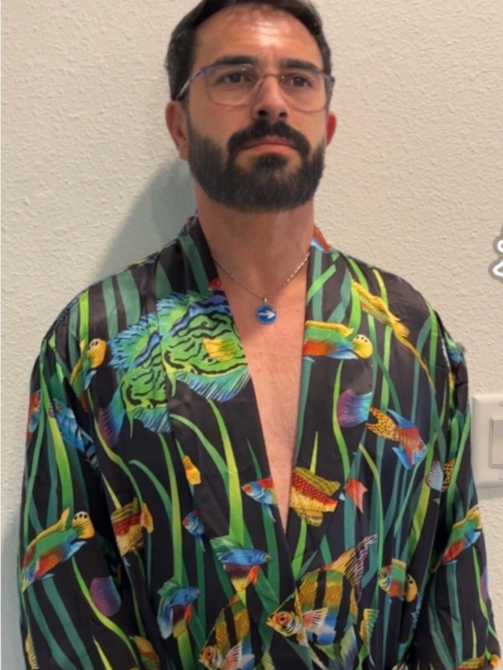 Silky Black Multicolor Fish Print Kimono Robe